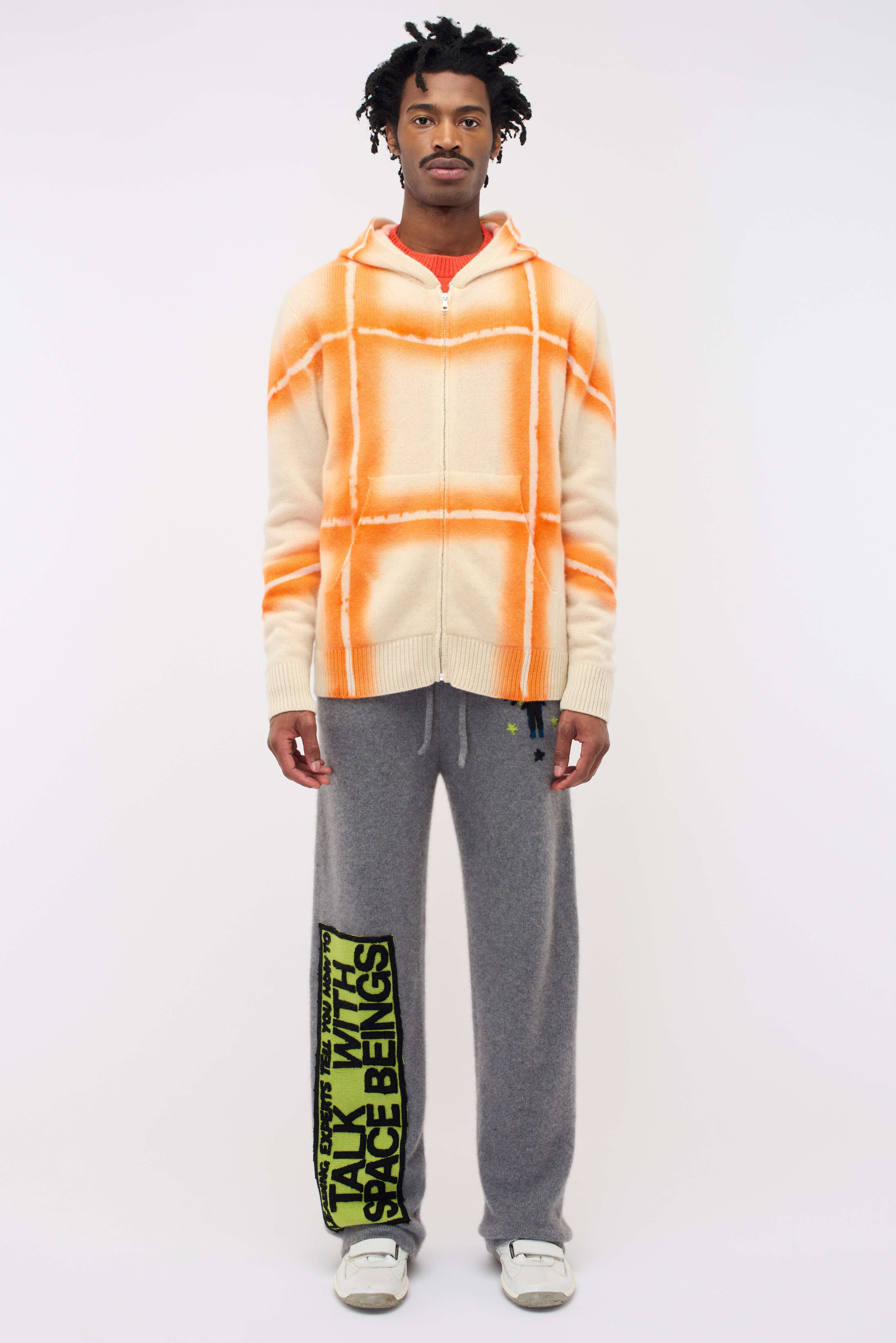 Plaid Dye Zip Hoodie The Elder Statesman S Ivory w Filthy Orange